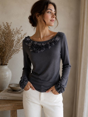 Anthropologie cotton blouse brown XXL like new with floral appliqué