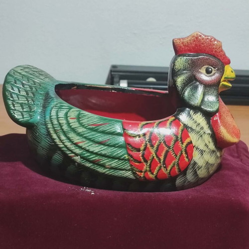 Ceramic handmade rooster used, decorative clay