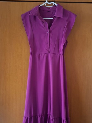 Midi Semi-See Dress Magenta Fuchsia with Buttons and Ruffles like new