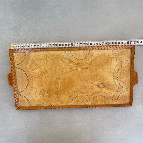 Handmade wooden tray used with ancient chariot scene
