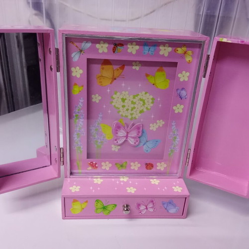 Children's musical jewelry box wardrobe, pink with butterflies