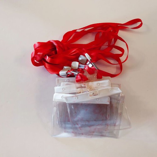 Conference badge holders used, pack of 9, 9x6cm with red lanyard
