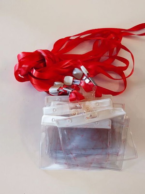 Conference badge holders used, pack of 9, 9x6cm with red lanyard