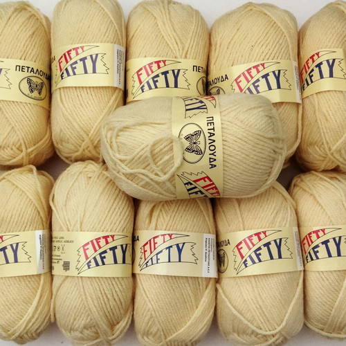 Fifty Fifty Petalouda knitting yarn set 10+1, wool acrylic blend 50/50, soft yellow