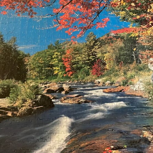 Puzzle board like new with river landscape and blooming tree