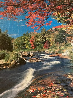 Puzzle board like new with river landscape and blooming tree