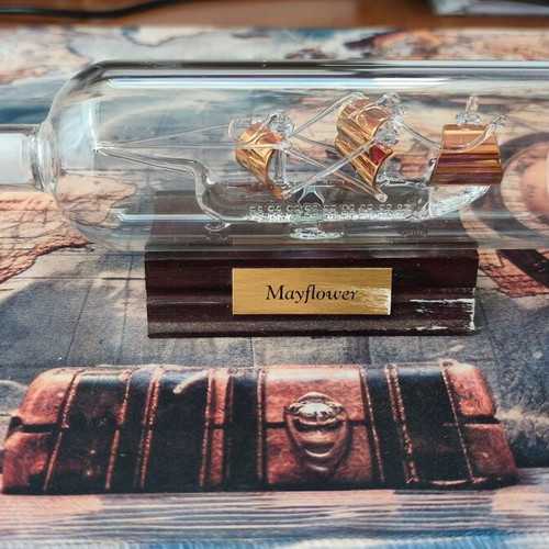 Mayflower decorative ship in glass bottle with wooden base, new
