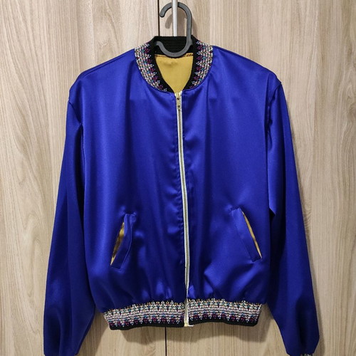 Handmade Bomber Jacket new, blue-purple with embroidered knit trims