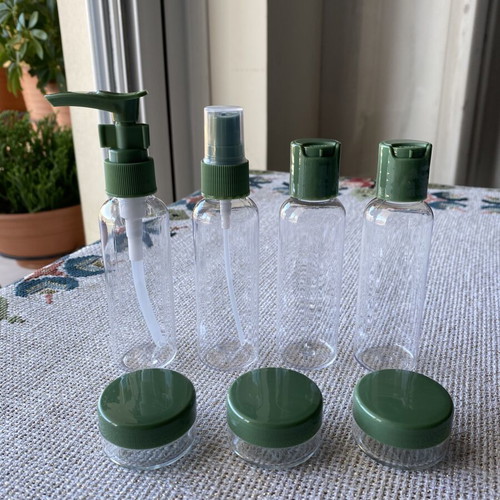 Travel set with transparent storage pouch, new, 7 pieces
