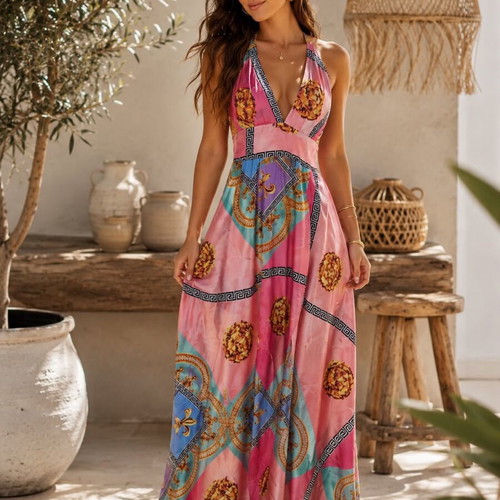 Maxi dress pink with colorful baroque print, like new