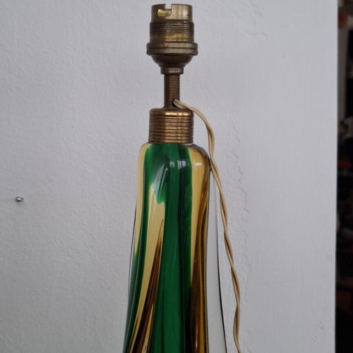Murano Sommerso Table Lamp used, hand-blown green and amber glass with brass ring