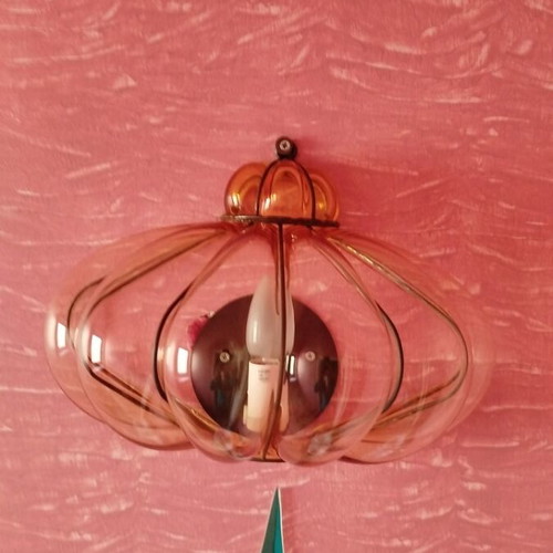 Murano blown glass wall light with brass details, amber color