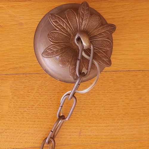 Art Nouveau 1900 French ceiling light used, gilt brass with frosted glass