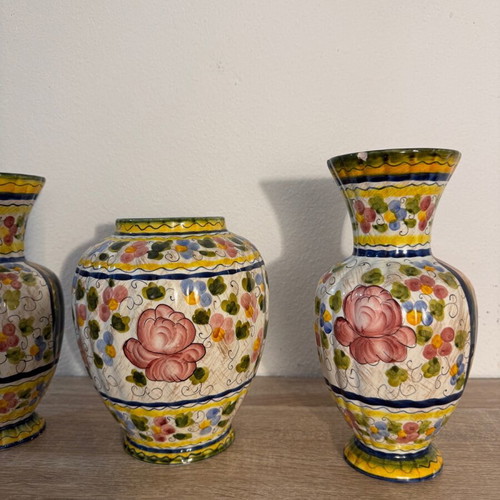 Hand-painted majolica vases used, set of 3