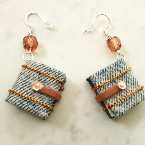 Handmade Earrings 'Βιβλιαράκι Ντενίμ' with Silver Hooks, Blue