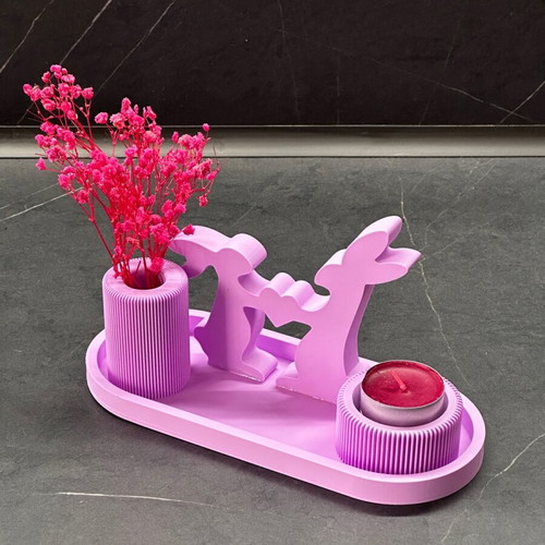 Easter decorative tray with bunnies, holder for tealight and flowers new