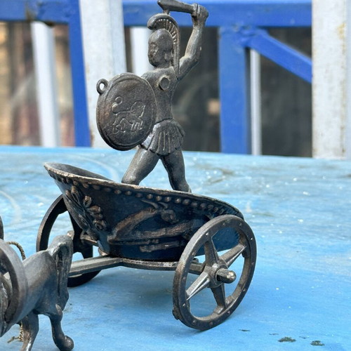 Ancient Greek decorative chariot with warrior and horses, 19 cm