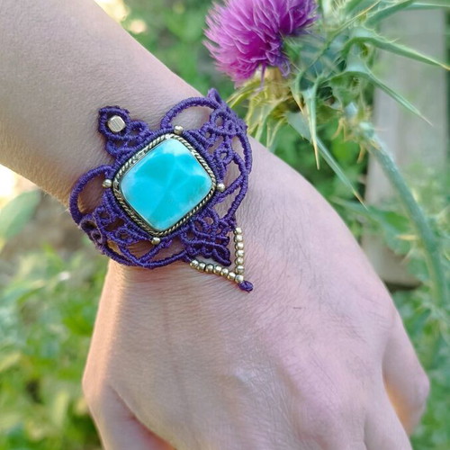 Macrame bracelet new with larimar, purple and turquoise