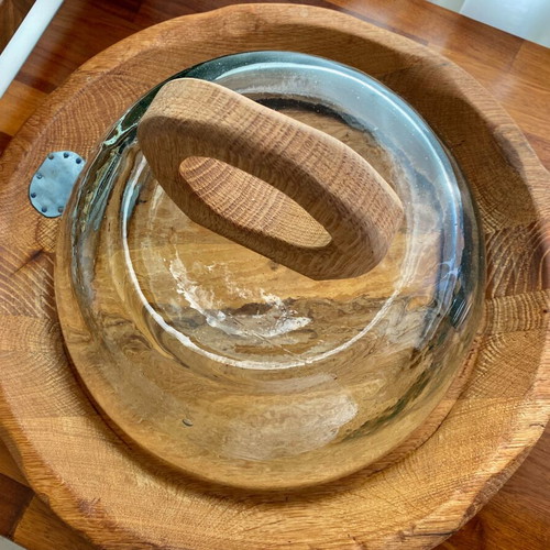 Wooden handmade serving platter with glass cover like new