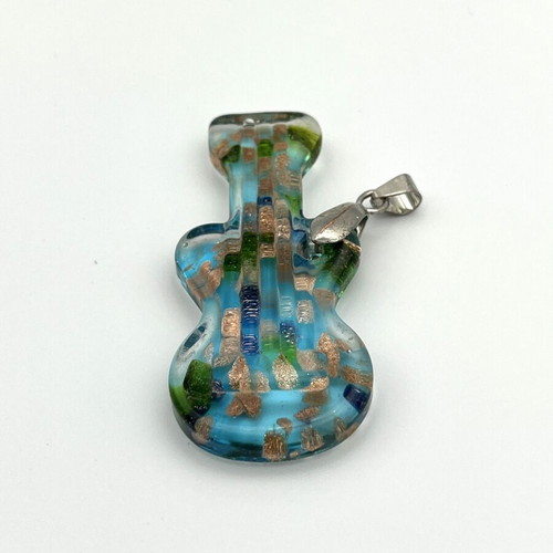 Handmade Murano fused glass guitar pendant, turquoise green gold