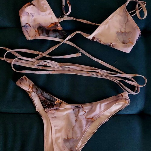 Polymorphic Triangle Bikini Set used, marble print, turquoise and gold