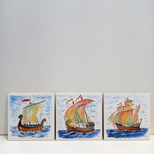 Villeroy and Boch set of eight ceramic tiles from the 1960s like new with sailing ship paintings