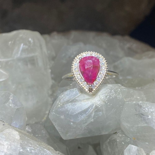 Silver ring with natural ruby and moissanites, new