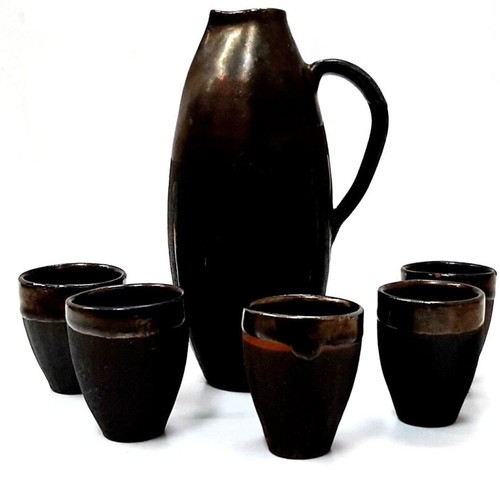 Vintage ceramic alcohol set with jug and 5 cups used