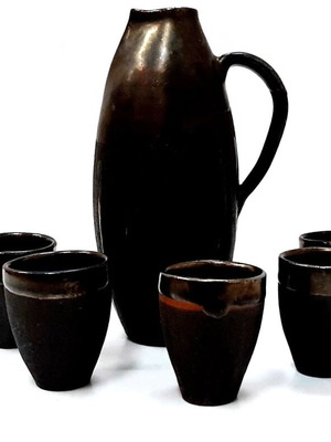 Vintage ceramic alcohol set with jug and 5 cups used