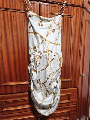 Lynne Black Satin-Feel Dress size 42 like new, chic chain print
