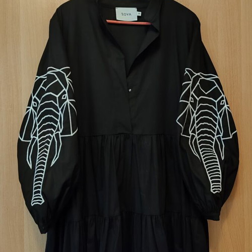 Zoya dress with embroidered elephant head sleeves, new