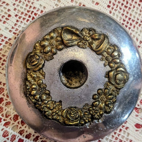 Vintage heavy metal candlestick 12cm with embossed brass wreath