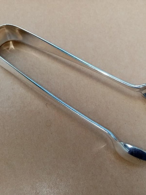 19th century silver sugar tongs used, 14.5 cm, 5 hallmarks