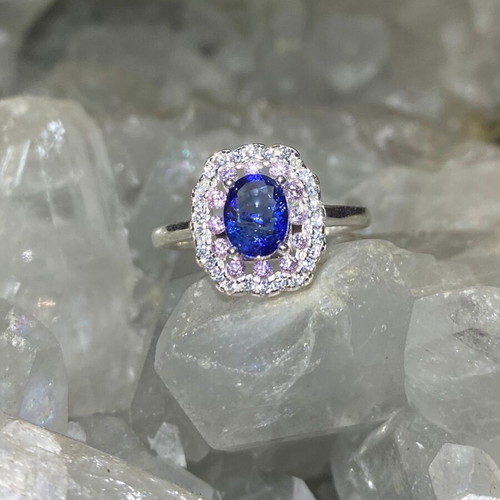 Handmade silver ring with natural blue sapphire, pink quartz & moissanites, size 7