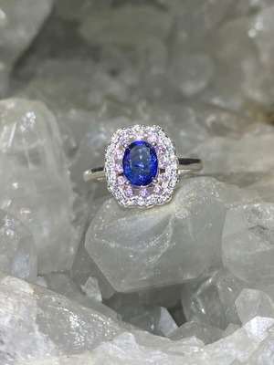 Handmade silver ring with natural blue sapphire, pink quartz & moissanites, size 7