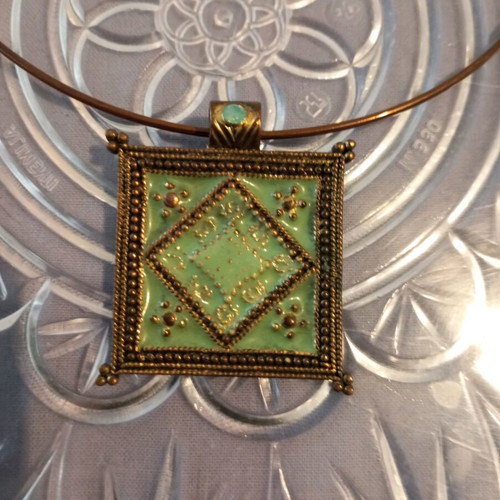 Large square enamel pendant used, bronze