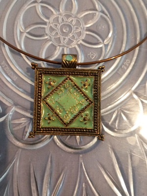 Large square enamel pendant used, bronze