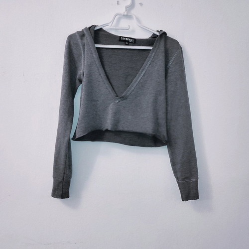Cropped sweatshirt gray with satin hood refurbished, size XS-S