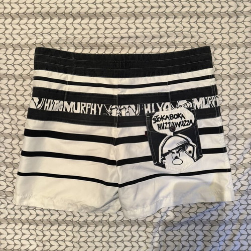 Men's surf style swim shorts striped white black with red cord size L used