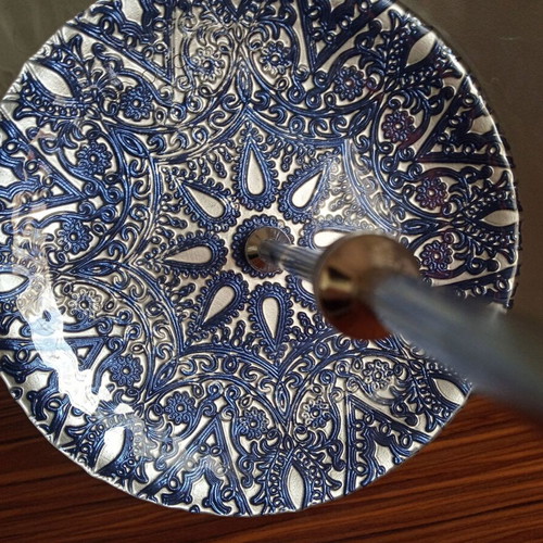 Aura glass embossed blue serving platter with metal handle new