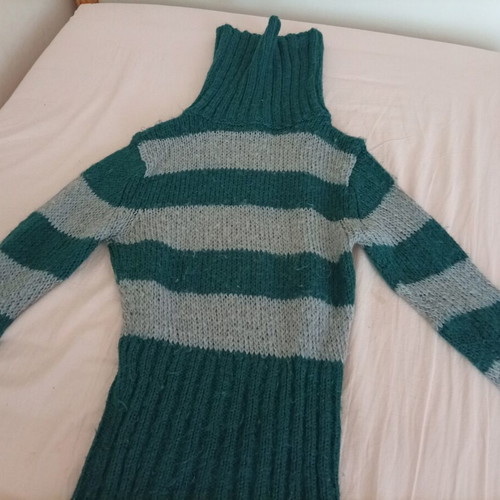 Handmade winter sweater, blue and grey stripes