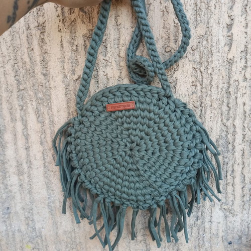 Knitted cotton crossbody bag khaki 19x19cm with fringes new