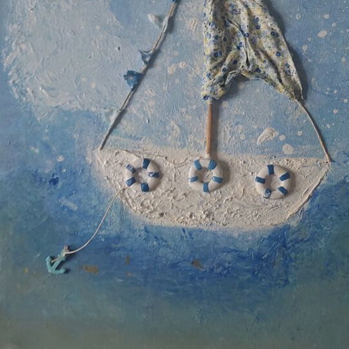 Handcrafted embossed painting with sailboat nautical theme used