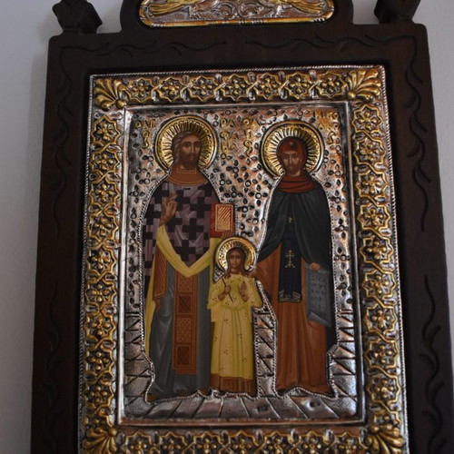 Icon Saint Raphael and Saint Nicholas silk screen and silver