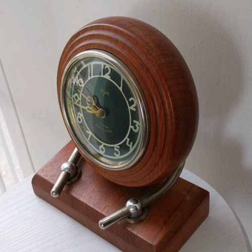 Mayak retro wind-up table clock used, wooden base