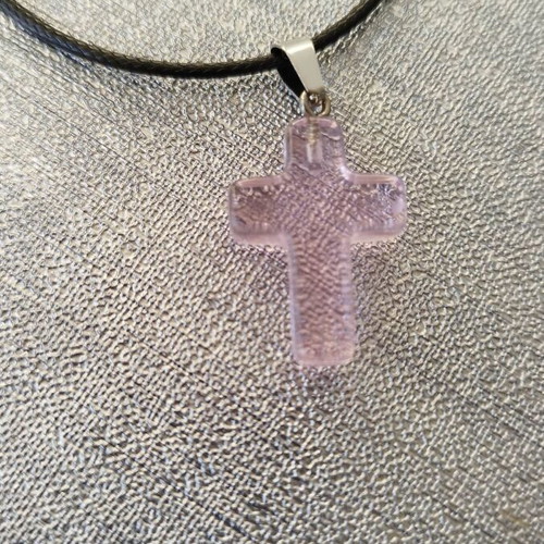 Glass cross necklace pink with short cord new