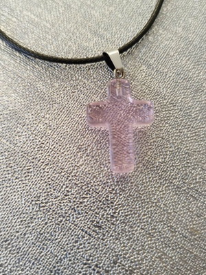 Glass cross necklace pink with short cord new