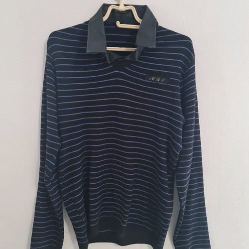 Martini knitted blouse XL used, black with purple stripes and collar