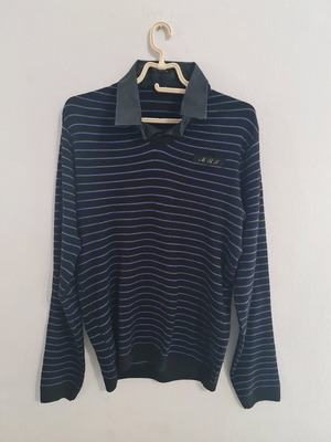 Martini knitted blouse XL used, black with purple stripes and collar