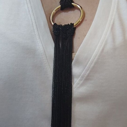 Long gold necklace with black chains new, heavy piece